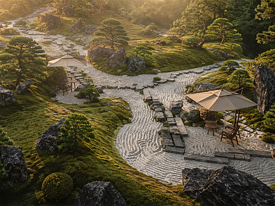 禅意园路 日式枯山水 碎石 汀步 景观石