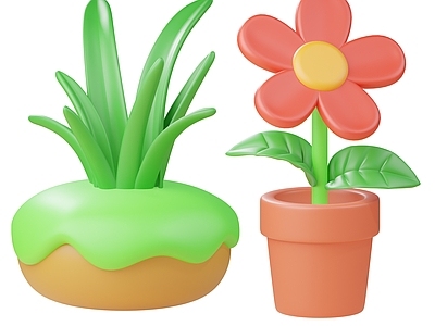 现代花草组合 小红花 草地 小草 卡通小红花