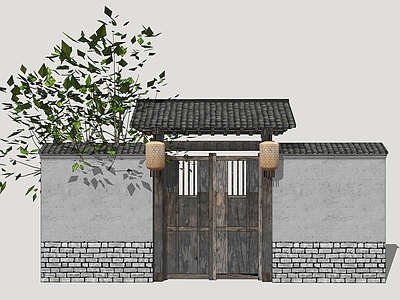 中式古建入口大门 影视院门 乡村入户门 古代乡村院门 影视乡村柴门