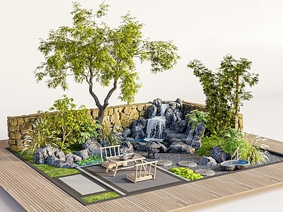枯山水 新中式庭院花园 庭院小品 汀步 绿岛 石头植物