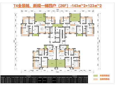 高层住宅 T4户型 一梯四户 全景舱 143户型 125户型