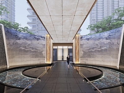 现代主义小区景观 龙湖顶豪示范区 二进院 鎏光圆形水院 流水景墙 风雨连廊