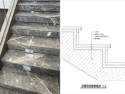楼梯节点 石材楼梯踏步节点 拉槽石材楼梯踏步