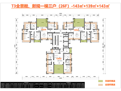 住宅楼建筑 T3户型 一梯三户 全景舱 新规143户型 新规139户型