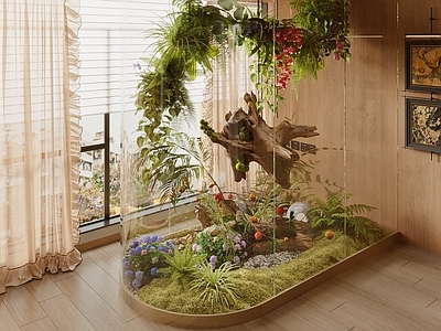 原木风垂直绿化 吊篮绿植 室内景观 植物造景 枯木绿植 植物堆