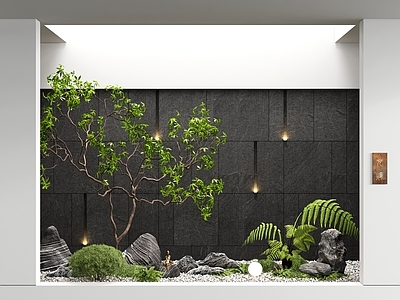 新中式景观室内景观 禅意景观造景 马醉木微造景 植物组合 庭院小品 石材背景墙
