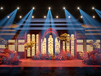 中式古建打卡墙 中式背景 中式婚礼 古风 祥云 中式泡雕