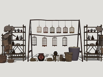 中式摆件组合 鸟笼架 置物架 古代厨房用具 古代生活器具
