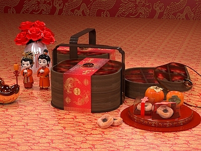 新中式春节美陈 龙凤婚庆柿饼提篮 中式婚嫁喜礼包装 红金国风伴手礼 双层木质喜盒设计 喜庆婚品礼盒效果