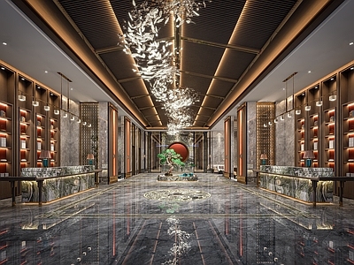 新中式酒店大堂 新中式大堂 中式轻奢大堂 中式水刀 中式吧台