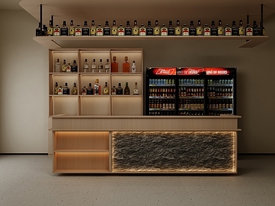 原木风酒馆 烧烤店吧台 酒馆吧台 收银台 酒柜 吊架