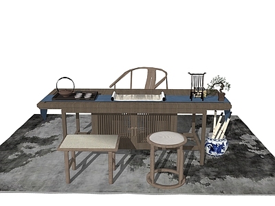 新中式茶桌椅 新中式茶桌椅 桌椅组合 椅子 字画 茶具