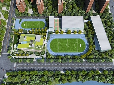现代主义学校外观 现代学校规划鸟瞰 鸟瞰图学校教学楼 体育场 鸟瞰配楼鸟瞰树 汽车路灯