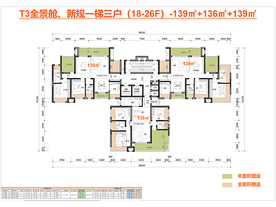 住宅楼建筑 T3新规户型 一梯三户 全景舱户型 139户型 135户型