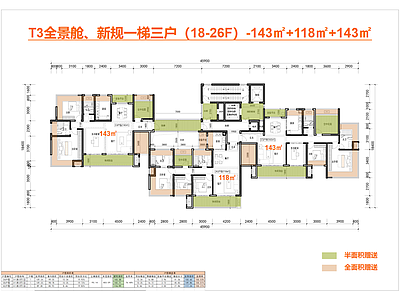 住宅楼建筑 T3新规户型 一梯三户户型 全景舱户型 143户型 118户型