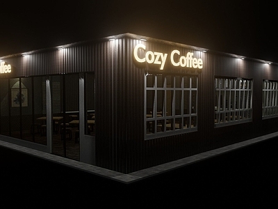 现代餐饮建筑 现代咖啡店夜景