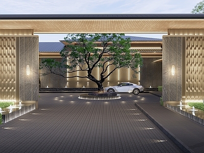 新中式景观小区景观 新中式示范区景观 新中式实体展示区 新中式大门廊架 下沉式庭院 圆盘环岛落客