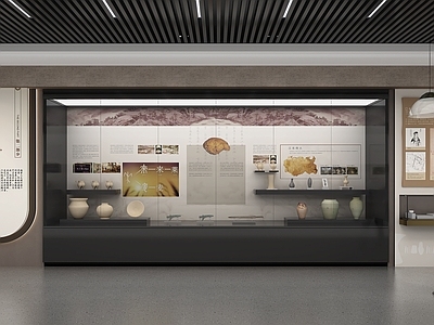 新中式博物馆展厅 地方志展厅 文史博物馆 考古文物展厅 连体玻璃通柜 陶器陶罐文物陈列