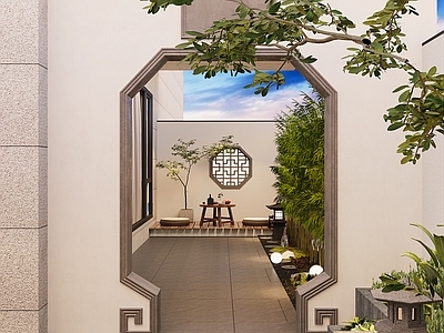 新中式景观庭院 新中式花园庭院 荷塘 庭院景观
