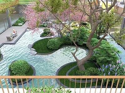 新中式景观住宅区景观 下沉绿地 下沉水景 临水平台