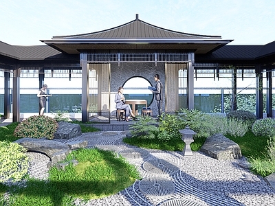 新中式景观屋顶花园 现代简约中式庭院 办公休闲平台 庭院景观 屋顶花园 中式庭院
