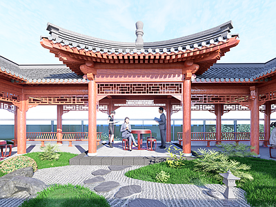 传统园林屋顶花园 中式庭院 中式亭子 中式连廊庭院 屋顶花园
