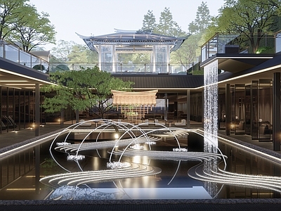 新中式景观小区景观 新中式下沉庭院 温州瓯江府小区 示范区后场景观 景观会客厅廊架 新中式小品