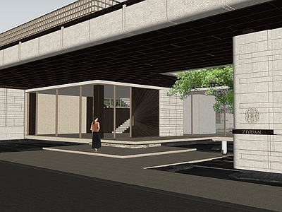 新中式景观入口大门 新中式小区大门 架空檐廊主入口 现代石材格栅大门