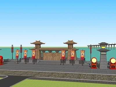中式古建滨水景观 滨水古城景观 古城墙 古城街 滨水古街