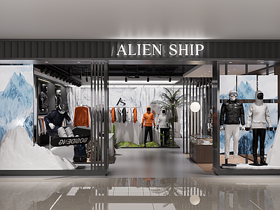 现代服装店 户外服装店 冲锋衣 雪山造型 造型橱窗
