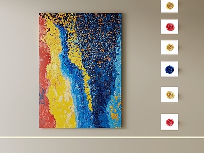 现代简约抽象画 竖版肌理抽象挂画 撞色厚涂抽象油画 蓝黄点状装饰画