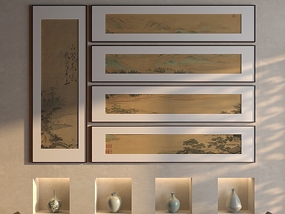 新中式挂画组合 新中式山水组合画 茶室长条山水国画 中式多联仿古挂画