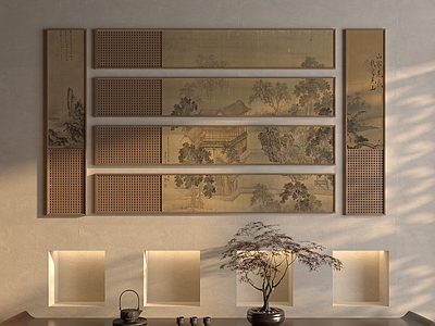 新中式挂画组合 新中式山水画组合 茶室多联古画组合 禅意木格组合国画 国画组合