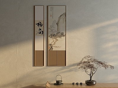 新中式挂画组合 茶室竖条书法画 新中式山水装饰画 格局双联挂画 山水画 国画组合