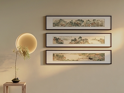 新中式山水画 山水画组合 长条山水三联挂画 新中式横版装饰画 古风景山水横幅画 国画组合