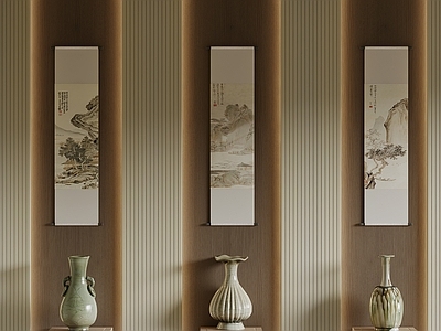 新中式山水画 山水画组合 山水三联卷轴画 新中式竖条挂画 茶室古画卷轴 国画组合
