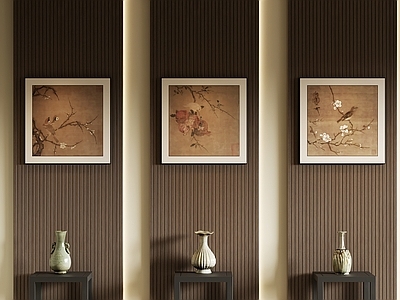 新中式挂画组合 禅意工笔花鸟挂画 新中式古画装饰画 花鸟三联方形挂画 国画组合 走廊装饰画
