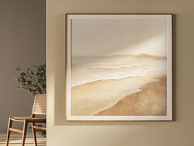 侘寂油画 奶油风沙滩装饰画 肌理海景方形挂画 侘寂风风景油画