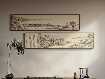 新中式挂画组合 水墨山水长条画 新中式横幅装饰画 茶室古风水墨挂画