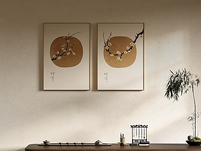 新中式挂画组合 禅意水墨花卉挂画 茶室暗香竖版国画 梅花双联挂画