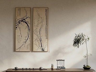 新中式字画 新中式水墨梅花画 茶室长条国画 墨梅双联竖条挂画