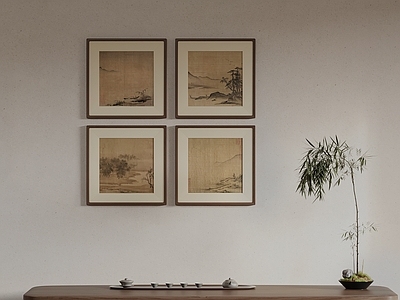 宋式美学宋式挂画 山水四连方形古画 新中式四联装饰画 茶室仿古山水挂画
