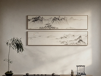 新中式山水画 山水画组合 国画组合 长条横幅挂画