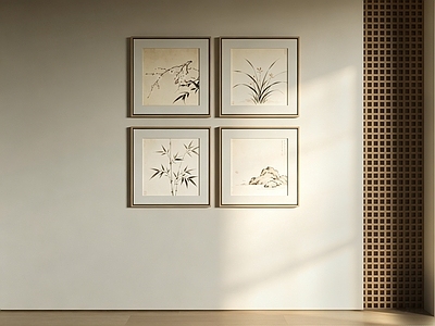 新中式挂画组合 禅意方形国画 梅兰竹石四联挂画 新中式水墨套画