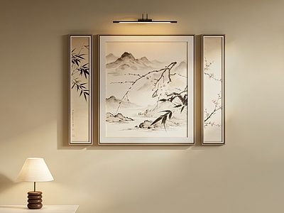 新中式挂画组合 山水梅竹三联挂画 新中式水墨国画 茶室组合装饰画