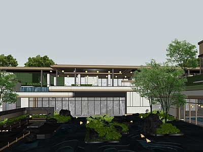 新中式景观小区景观 下沉会所 廊架 水景