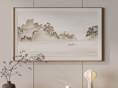 新中式山水画 宋式禅意山水图 原木风中式挂画 办公室横版国画 简约国风山水画 素雅水墨风景画