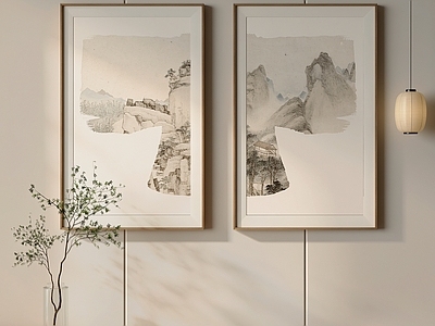 新中式山水画 竖版水墨双联画 玄关简约山水画 书房中式装饰画 素雅国风风景画 宋式意境国画
