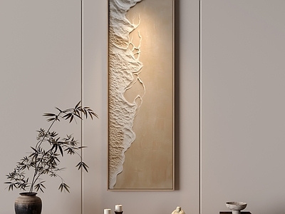 侘寂抽象画 立体浮雕抽象油画 茶室长条肌理画 走廊极简抽象画 原木风竖版挂画