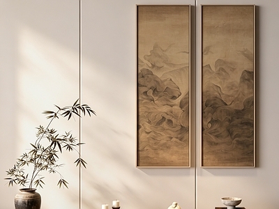 新中式宋式挂画 客厅长条国风国画 禅意远山双联画 复古水墨壁画 原木风中式挂画 宋式意境双联画